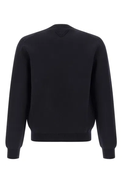Prada Navy Blue Logo Sweaters In Black