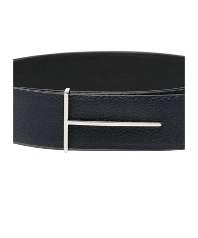 Tom Ford Dark Brown Reversible Textured Silver Buckle Belt In Black