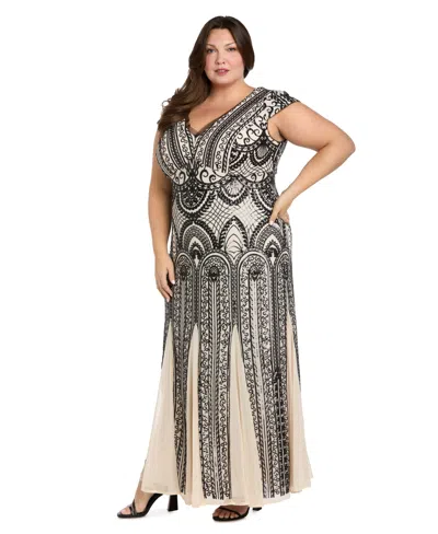 R & M Richards Plus Size V-neck Sequin Design Long Dress In Brown