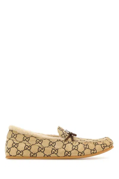 Gucci Leather Loafers With Merino Wool In Gold