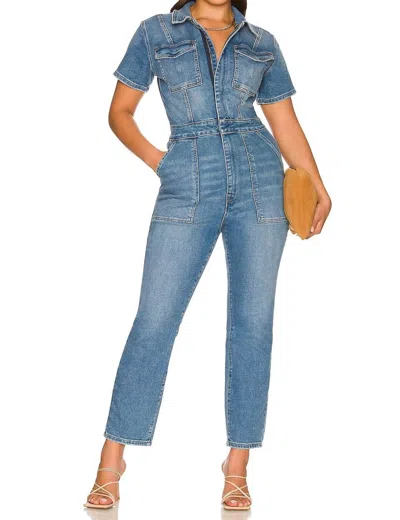 Good American Fit For Success Short-sleeve Button-up Jumpsuit In Blue In Blue