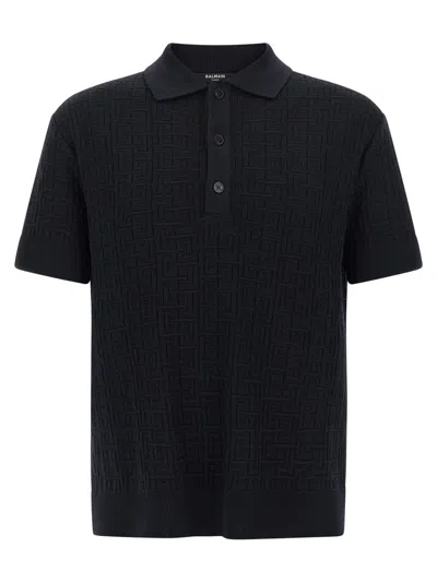 Balmain Textured Black Knitted Polo With Classic Collar In Multi