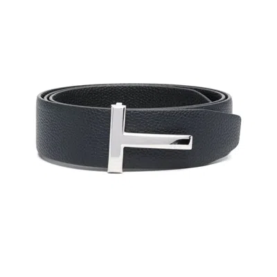 Tom Ford Textured Leather Belt With Distinctive Metallic Buckle In Blue