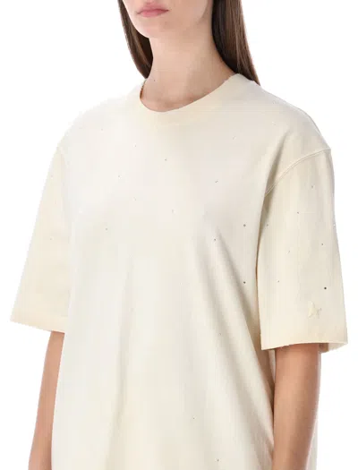 Golden Goose White Crewneck Rhinestoned T-shirt With Print On The Rear In Cotton Woman In White