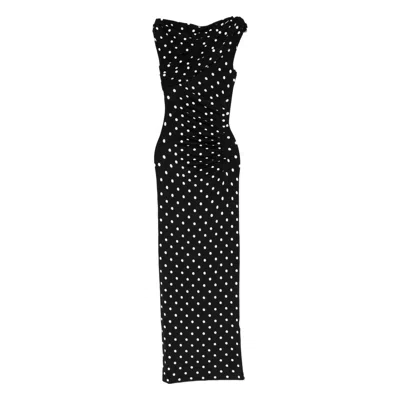 Self-portrait Polka Dot Draped Knit Midi Dress In Black