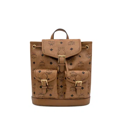 Mcm Monogram Buckle Backpack In Brown