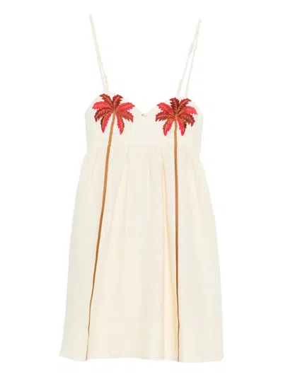 Farm Rio Off-white Coconut Tree Embroidered Euroflax Premium Linen Mini Dress