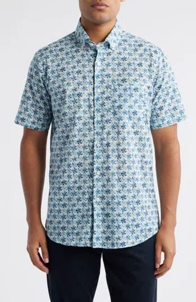Scott Barber Voile Flower Print Short Sleeve Button-up Shirt In Blue