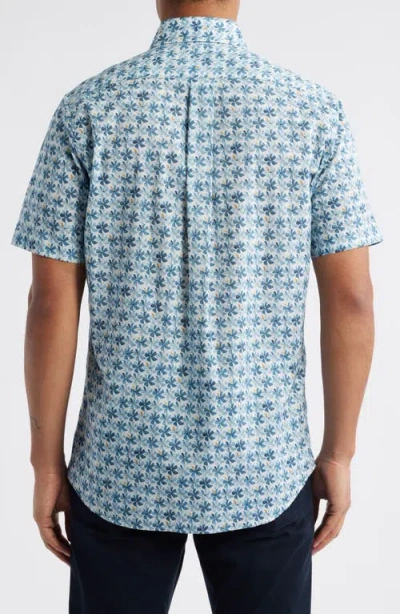 Scott Barber Voile Flower Print Short Sleeve Button-up Shirt In Blue