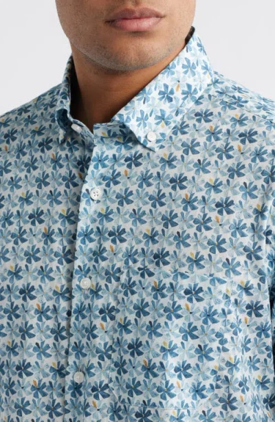 Scott Barber Voile Flower Print Short Sleeve Button-up Shirt In Blue