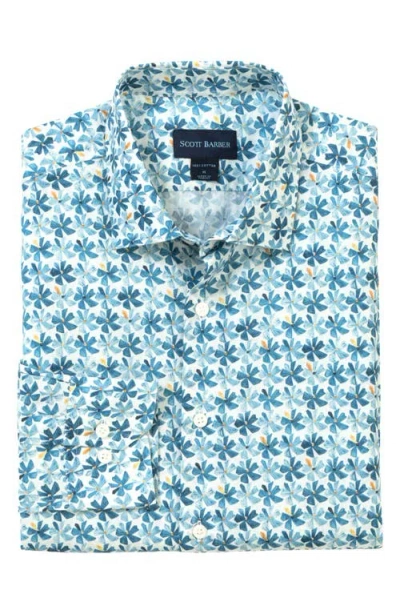 Scott Barber Voile Flower Print Short Sleeve Button-up Shirt In Blue