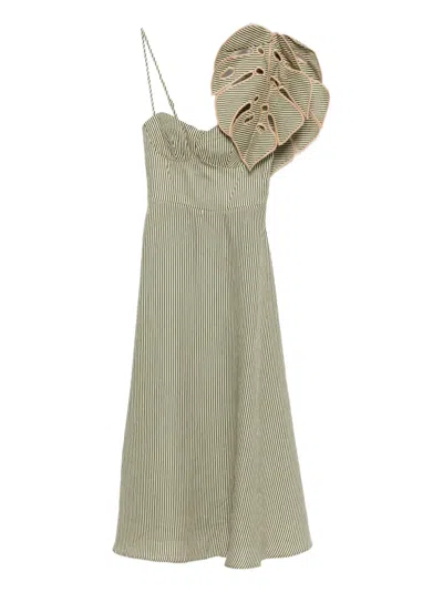 Farm Rio Green Striped 3d Monstera Leaf Euroflax Premium Linen Midi Dress In Neutral