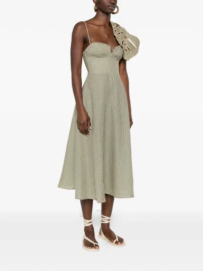 Farm Rio Green Striped 3d Monstera Leaf Euroflax Premium Linen Midi Dress In Neutral