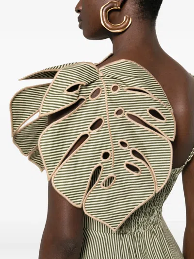 Farm Rio Green Striped 3d Monstera Leaf Euroflax Premium Linen Midi Dress In Neutral