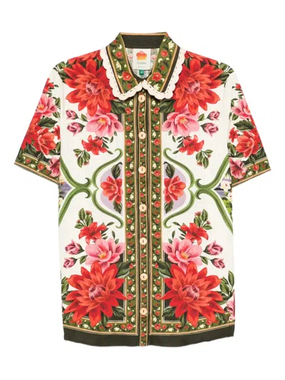 Farm Rio Wonder Multicolor Shirt With Lace Embroidered Classic Collar And All-over Floral Motif In Linen Blen