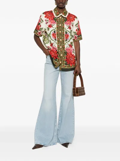 Farm Rio Wonder Multicolor Shirt With Lace Embroidered Classic Collar And All-over Floral Motif In Linen Blen