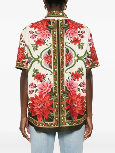 Farm Rio Wonder Multicolor Shirt With Lace Embroidered Classic Collar And All-over Floral Motif In Linen Blen