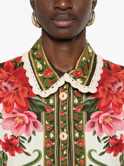 Farm Rio Wonder Multicolor Shirt With Lace Embroidered Classic Collar And All-over Floral Motif In Linen Blen