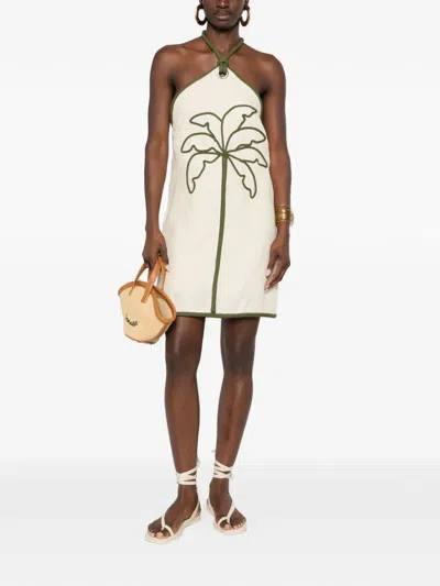 Farm Rio Sand Coconut Embroidery Halter Neck Euroflax Premium Linen Mini Dress In White