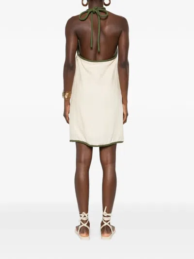 Farm Rio Sand Coconut Embroidery Halter Neck Euroflax Premium Linen Mini Dress In White