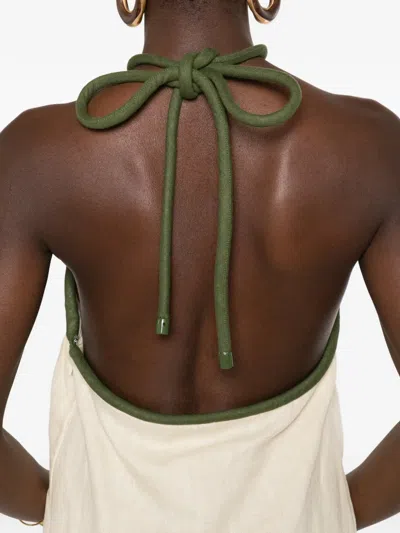 Farm Rio Sand Coconut Embroidery Halter Neck Euroflax Premium Linen Mini Dress In White