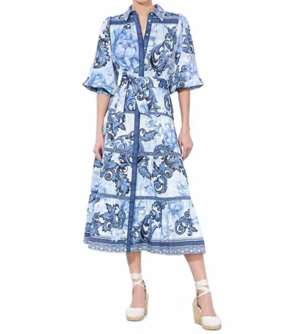 Alice And Olivia Geneva Scroll Symphony Midi Dress In Blue In Blue