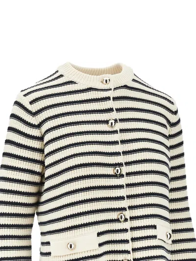 Weekend Max Mara Striped Cardigan Ribbed Knit Front Pockets In White