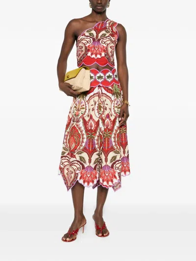 Farm Rio Odara One-shoulder Scalloped Printed Linen-blend Top In Red