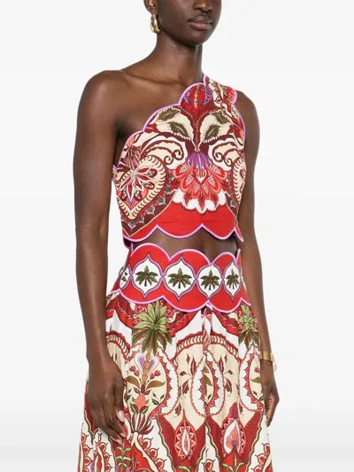 Farm Rio Odara One-shoulder Scalloped Printed Linen-blend Top In Red