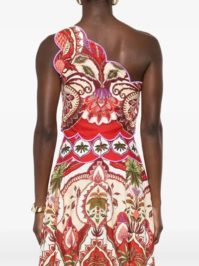 Farm Rio Odara One-shoulder Scalloped Printed Linen-blend Top In Red