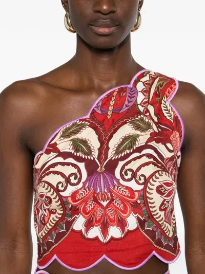 Farm Rio Odara One-shoulder Scalloped Printed Linen-blend Top In Red