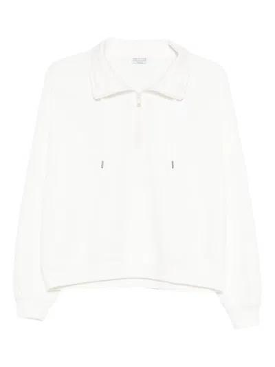 Brunello Cucinelli Cotton High Neck Sweater Drawstring Collar In White