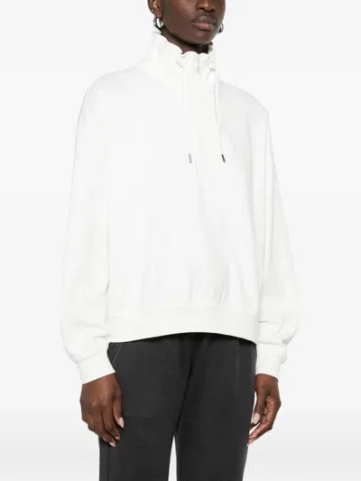 Brunello Cucinelli Cotton High Neck Sweater Drawstring Collar In White