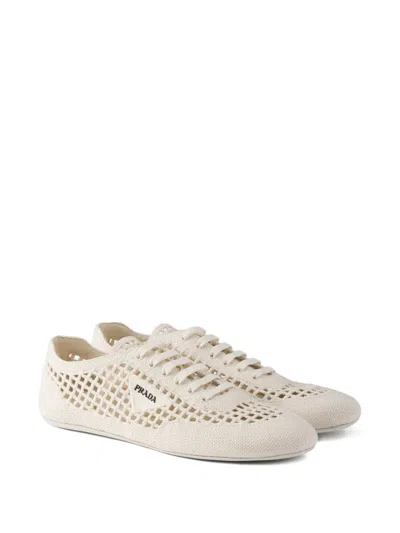 Prada Sneakers Perforated Design Round Toe Rubber Sole In Neutral