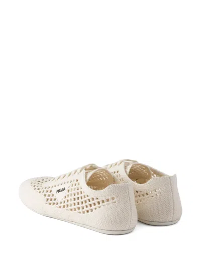 Prada Sneakers Perforated Design Round Toe Rubber Sole In Neutral