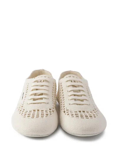 Prada Sneakers Perforated Design Round Toe Rubber Sole In Neutral