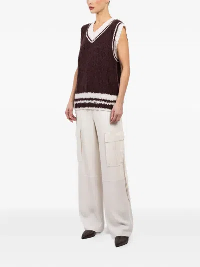 Cuddleup V-neck Striped-pattern Vest In Brown