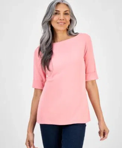 Style & Co Style Co Womens Boat Neck Elbow Sleeve Cotton Top Pxs 4x Exclusively At Macys In Black