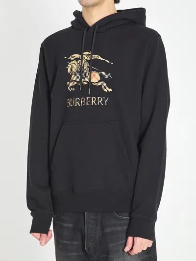 Burberry Men Black Hoodie With Drawstring Hood And Ekd Print And Logo Lettering On The Front In Cott In Black