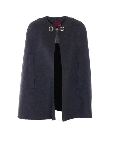 Gucci Reversible Wool Cape With Horsebit Detail In Black