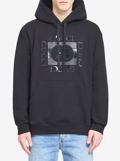 Gucci Men Black Sweatshirt With Hood With Drawstring And Front Logo In Cotton Man In Black