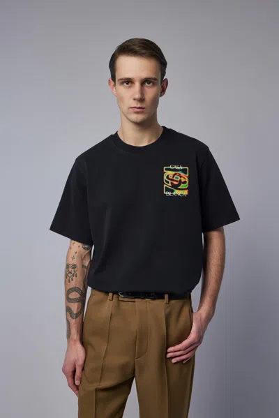 Casablanca Black Crewneck T-shirt With Logo Detail On The Front And Maxi Logo On The Rear In Cotton Man