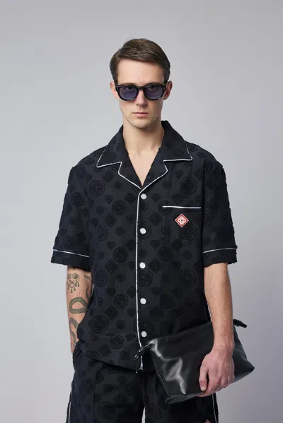 Casablanca Men Black Shirt With Classic Lapels And All-over Embossed Monogram In Cotton Man