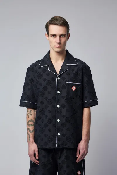 Casablanca Men Black Shirt With Classic Lapels And All-over Embossed Monogram In Cotton Man