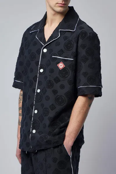 Casablanca Men Black Shirt With Classic Lapels And All-over Embossed Monogram In Cotton Man