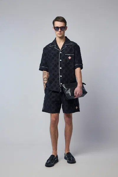 Casablanca Men Black Shirt With Classic Lapels And All-over Embossed Monogram In Cotton Man