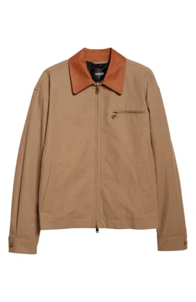 Versace Beige Jacket With Leather Collar And Metallic Medusa Head Detail In Cotton Canvas Man In Brown