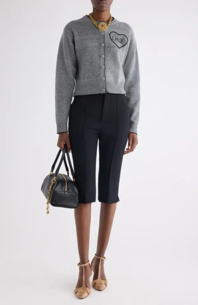 Chloé Wool And Cashmere Cardigan With Logo Knitwear Grey In Gray