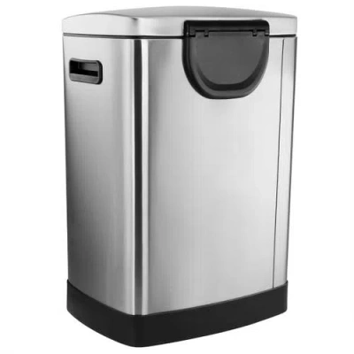 Elama 2 Compartment Large 10.6 Gallon Split Stainless Steel Step Trash Bin With Slow Close Mechanism In Silver