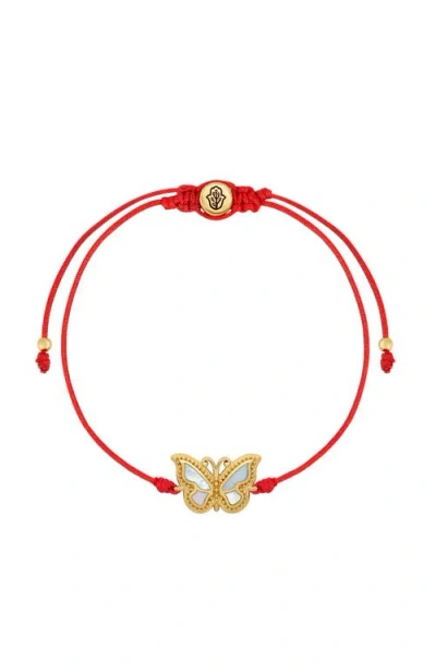 Karma And Luck Transcendent Guide Mother Of Pearl Butterfly Red String Bracelet In Multi